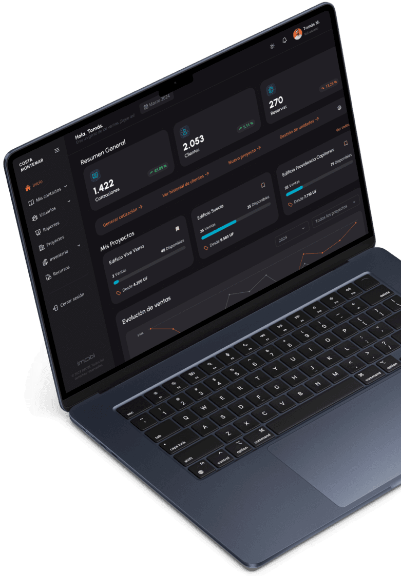 imobi en un notebook: informe de venta contra plan, cobranza del pie y desempeño por ejecutivo